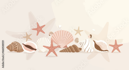 Elegant Arrangement Of Seashells And Starfish In Muted Colors Beach Inspired Artwork