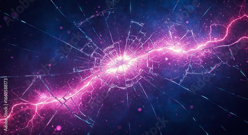 Bright pink lightning strikes through shattered glass against a dark starry background