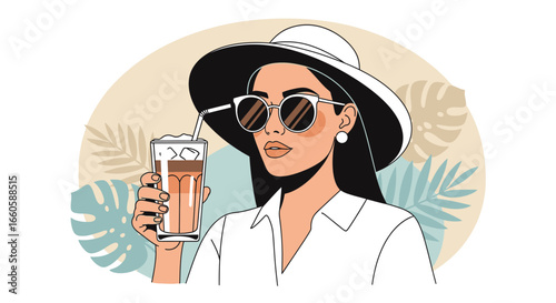 Elegant Woman Enjoying Cold Brew Coffee On Vacation In A Tropical Setting