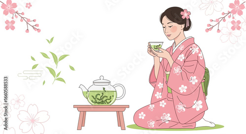 Elegant Woman In Kimono Enjoys Traditional Green Tea Ceremony With Cherry Blossoms