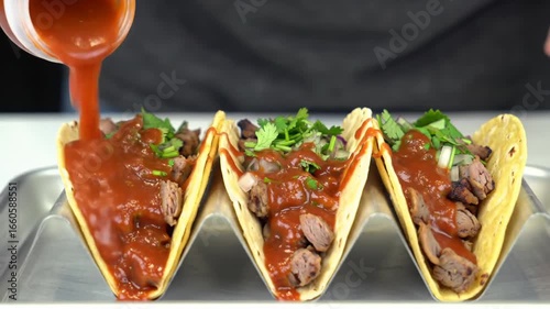 Preparing Delicious Street Style Tacos With Spicy Sauce Pouring On Top