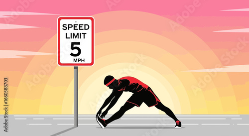 Embrace The Slow Pace: Runner Stretching Beside A Deliberately Low Speed Limit Sign