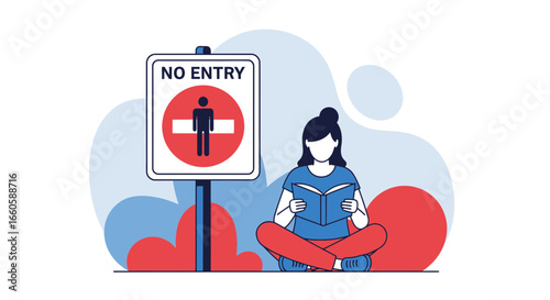 Embracing Knowledge Ignoring Restrictions A Girl Reading By No Entry Sign