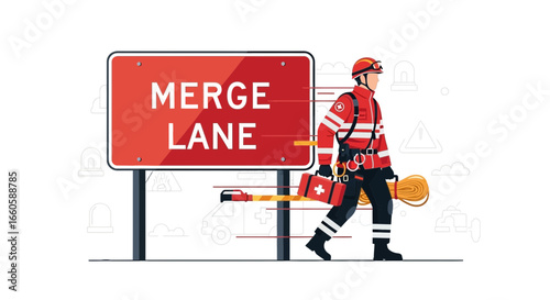 Emergency Responder At Roadside With Merge Lane Sign Illustration Concept