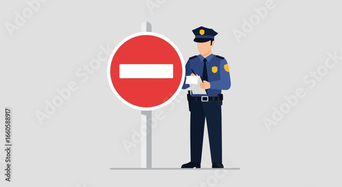 Enforcement At No Entry Sign Policeman Writing Ticket In City Road
