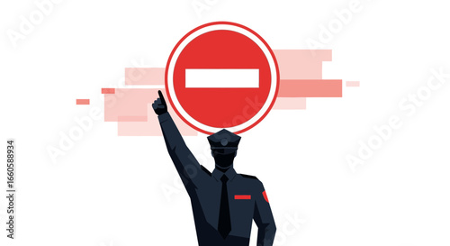 Enforcement Officer Holding Red Circle Prohibition Sign On White Background