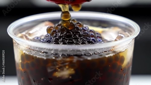 Refreshing Boba Tea Drink with Ice Cubes and Tapioca Pearls