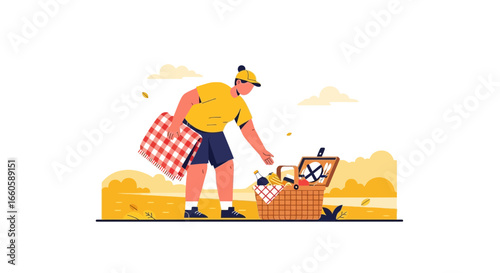 Enjoying Outdoors Man Preparing For A Picnic With Basket And Checkered Blanket