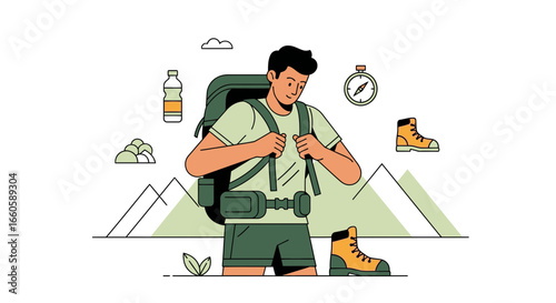 Enthusiastic Traveler Adjusting Backpack Before Mountain Adventure Exploration