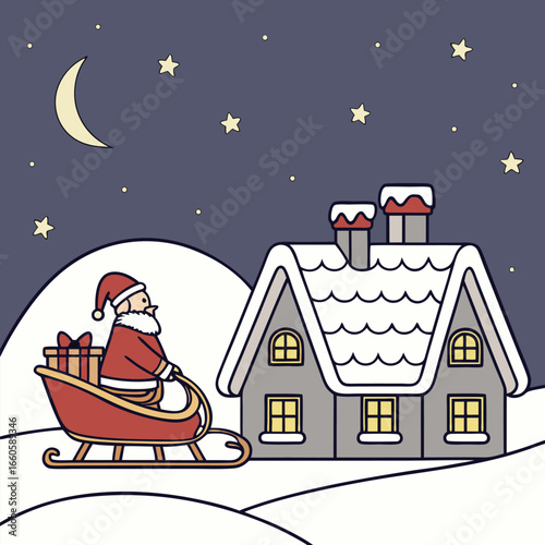 Santa Claus in sleigh with gifts arriving at snowy house at night vector