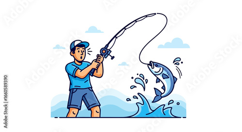 Excited Fisherman Reels In Leaping Fish At Sea In Animated Style