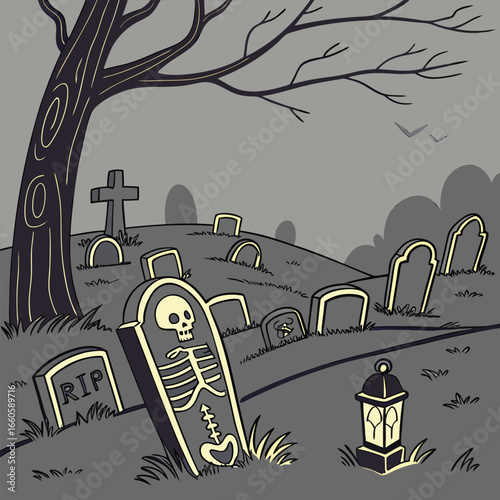 Spooky graveyard scene with skeleton and tombstone cemetery