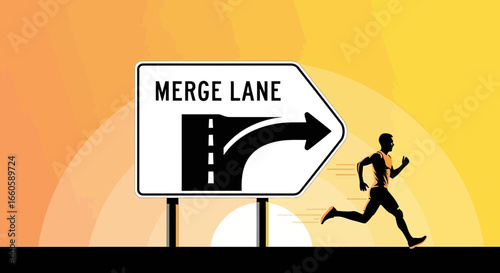 Facing New Directions Silhouette of Runner Near Merge Lane Sign At Sunrise