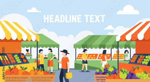 Farmers Market Fair With Fresh Local Produce For Sale In Colorful Illustration