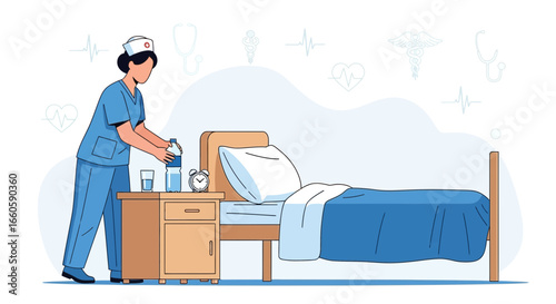 Female Healthcare Professional Providing Care in a Hospital Room Illustration
