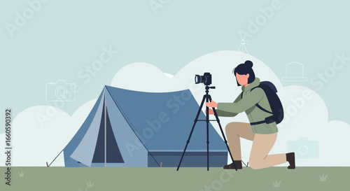 Female photographer capturing outdoor camping tent with camera and tripod vector illustration