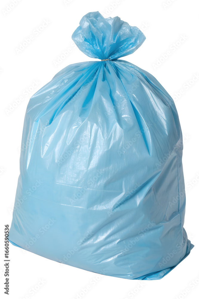 Fototapeta premium Blue plastic trash bag filled and tied, full garbage sack isolated on transparent background for cleaning concepts