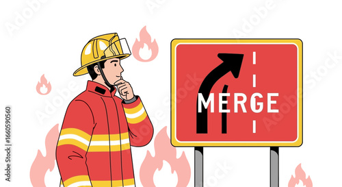 Firefighter Thinking About Merging Lanes In Dangerous Road With Flames