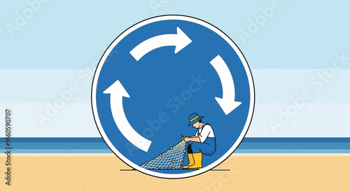 Fisherman mending net within roundabout road sign depicts perseverance in work
