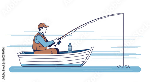 Fisherman On A Boat Enjoying A Day Of Recreation In A Calm Blue Lake