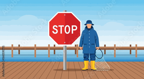 Fisherman near the stop sign illustration at the fishing spot by the sea pier landscape on sunny day