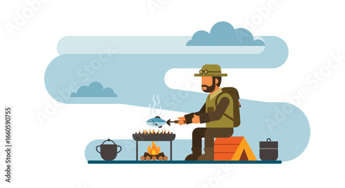 Fisherman Preparing Meal Over Campfire Outdoor Cooking Adventure Scene