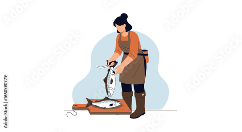 Fisherwoman Gutting Freshly Caught Fishes Preparing Seafood for Sale