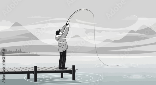Fisherman Tries His Luck Off the Dock on Lake Gray Day