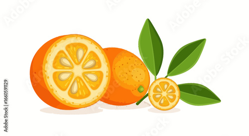 Fresh Kumquats With Leaves And Sliced, Healthy Fruit Vector Illustration