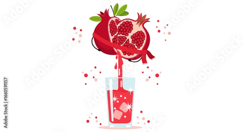 Fresh Pomegranate Juice Flowing Cartoon Style Concept Healthy And Refreshing Drink
