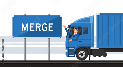 Friendly Trucker Merging Lanes Symbolizing Corporate Integration Strategy