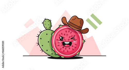 Funny Dragon Fruit With Cowboy Hat Near Cactus Cartoon Character Vector