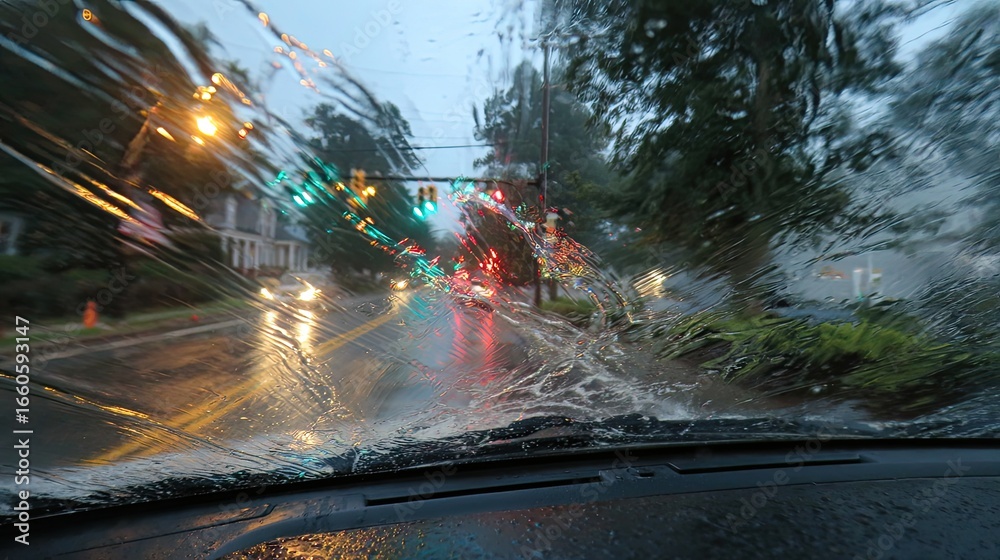 Obraz premium Rainy Night City Street Driving View Blurry Night Traffic, Wet Windshield, Motion Blur, And Streetlights