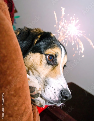 Dog with fireworks in home