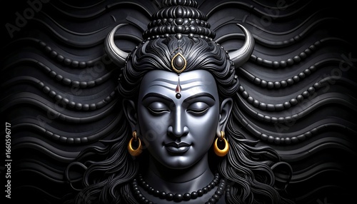 Serene, dark-hued deity bust, detailed features, wavy background