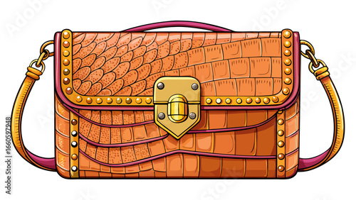 Rectangular mini bag with a croc texture and a gold-tone clasp .white background, 