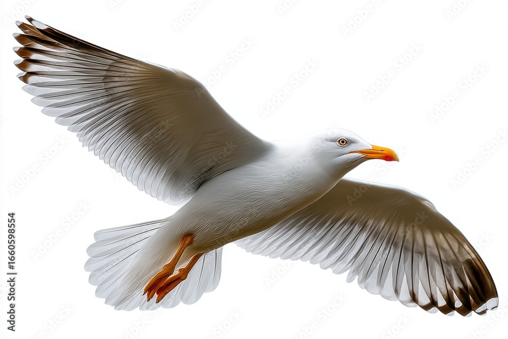 Fototapeta premium Majestic seagull soaring gracefully against a bright white sky during a serene afternoon over the ocean