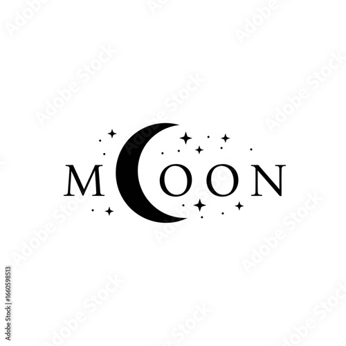Elegant MOON wordmark logo with a crescent moon replacing the letter O surrounded by decorative black stars.