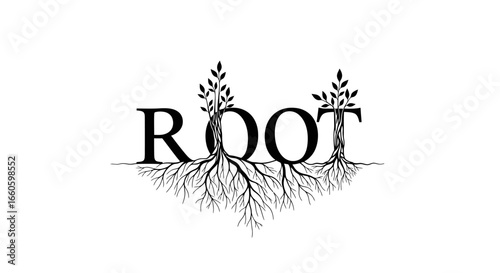 Creative black serif typography of the word ROOT with an intricate root system and leafy saplings.