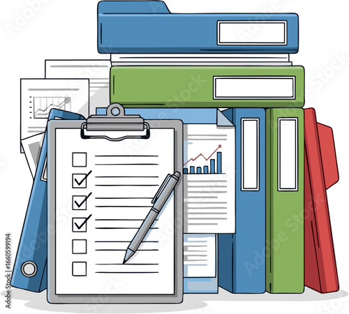 Office paperwork and business administration concept with stacked binders, documents, and a checklist vector illustration