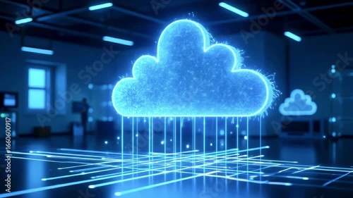 Futuristic digital cloud symbolizing data storage in a modern tech office with glowing connections