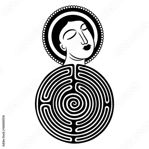 Head of a Christian saint on top of a round spiral maze or labyrinth symbol. Creative philosophical concept. Black and white silhouette.