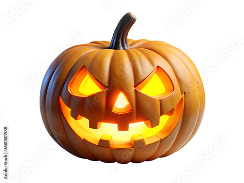 3d illustration of a carved halloween pumpkin with a scary face, glowing from within, isolated on a transparent background, representing the spooky autumn holiday