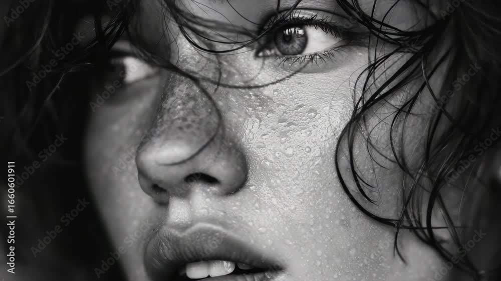 Captivating portrait of a woman with wet hair and striking features illuminated by soft light Captivating portrait of a woman with wet hair and striking features illuminated by soft light