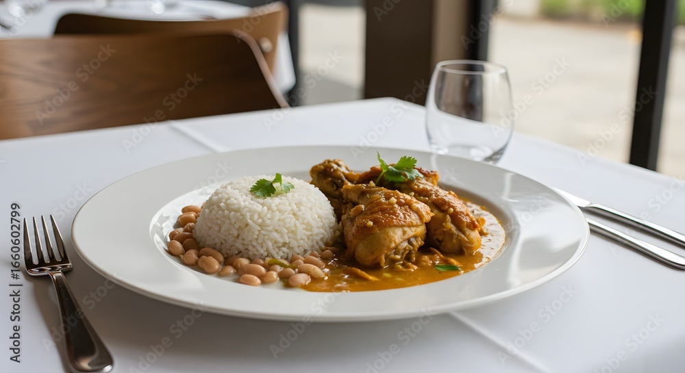 A delicious plate of chicken with rice and beans on a white tablecloth in a restaurant setting A delicious plate of chicken with rice and beans on a white tablecloth in a restaurant setting