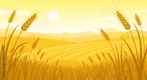 Golden Wheat Field At Sunrise, A Serene Countryside Scenery Illustration