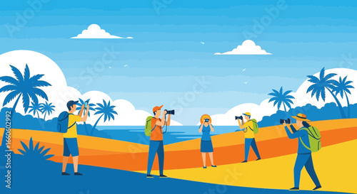 Group Of Tourists Exploring Tropical Island Paradise Landscape Photography