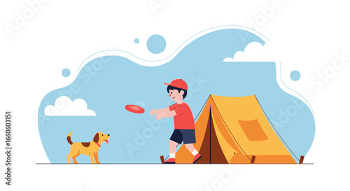 Happy Boy Playing Frisbee with Dog Near Tent On Summer Vacation Trip