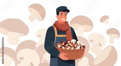 Happy Mushroom Farmer Smiling And Carrying a Bowl Full of Freshly Harvested Edible Mushrooms