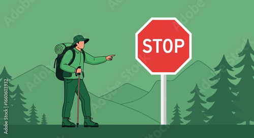 Hiker Encountering Stop Sign in Mountainous Landscape and Pausing Adventure